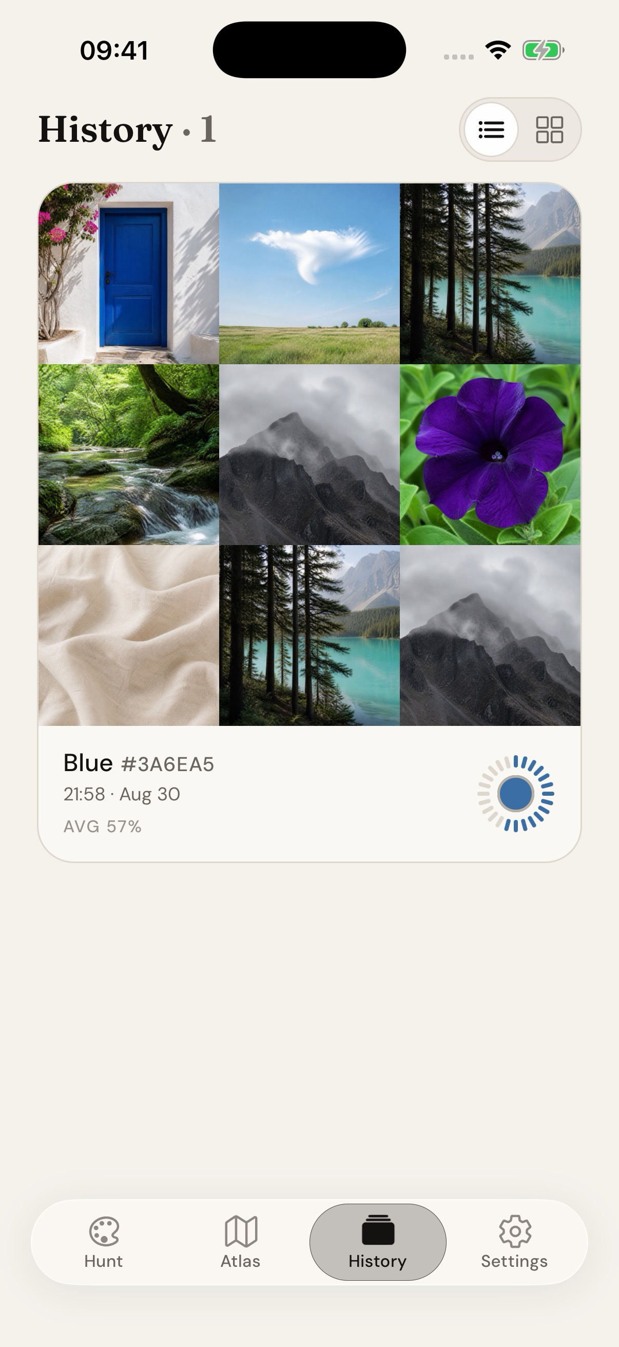 A completed nine-photo color hunt in the Huefield iPhone app
